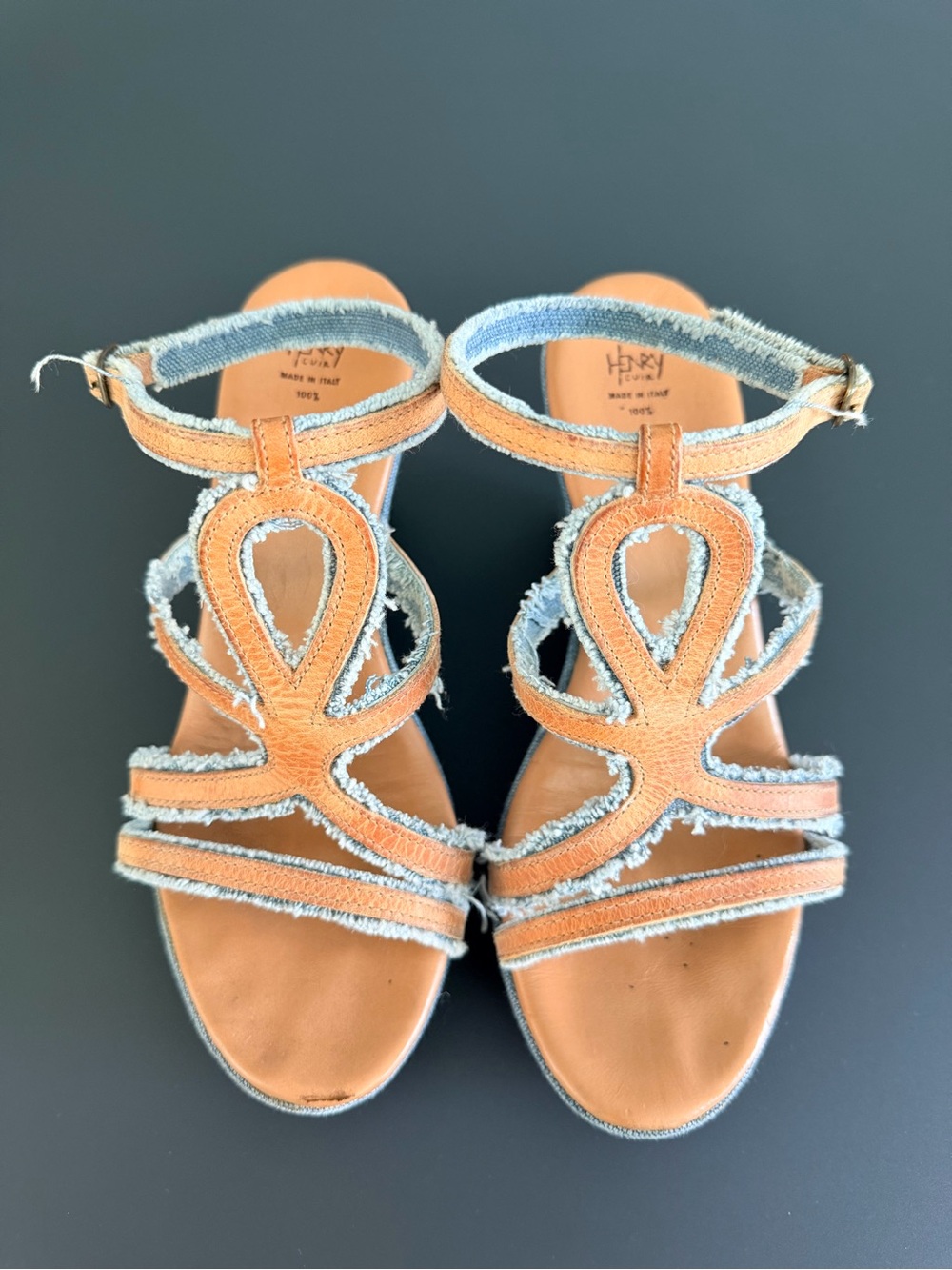 Henry Cuir Tan and Jean Wedge Sandals